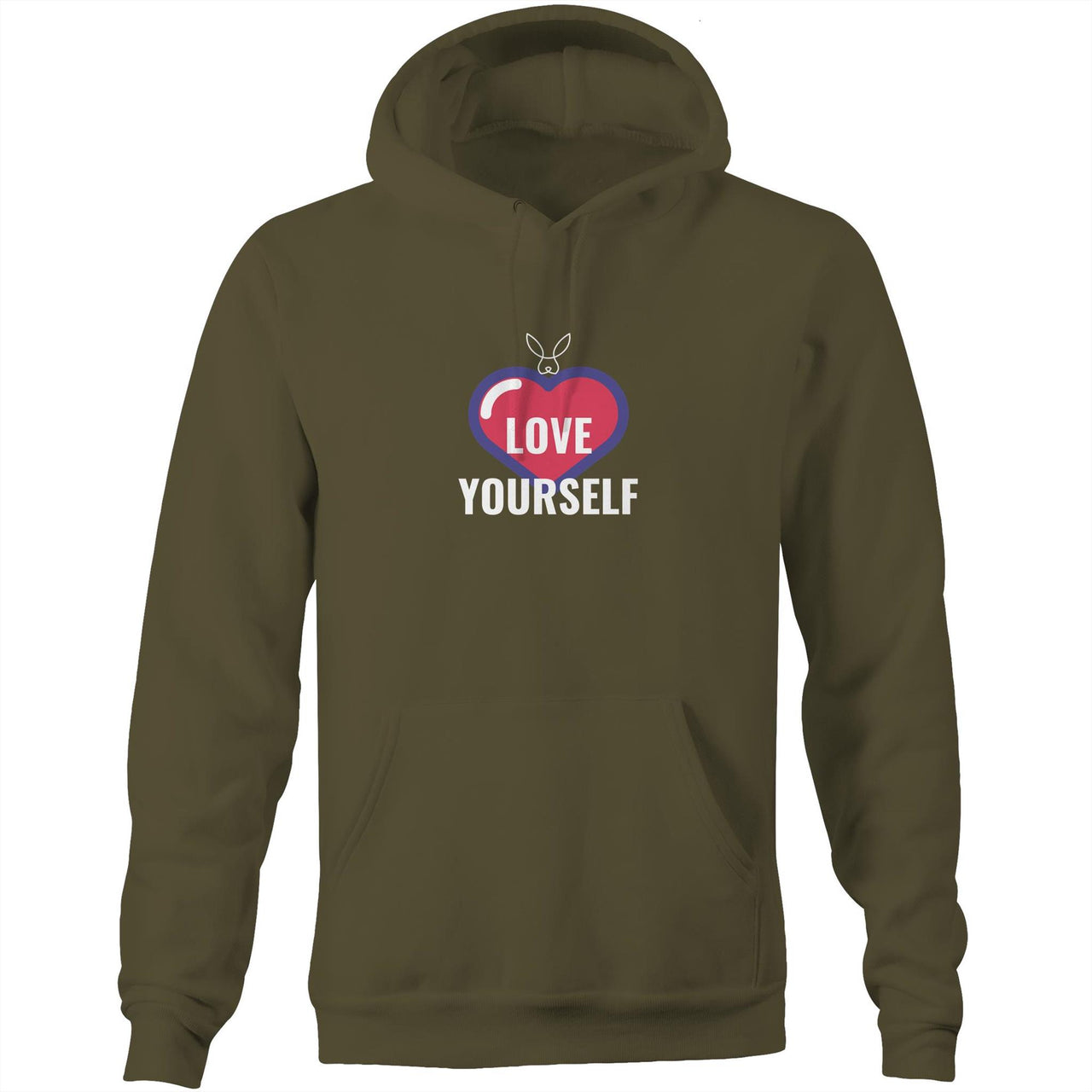 Love Yourself Pocket Hoodie Sweatshirt. unisex mens womens white army green